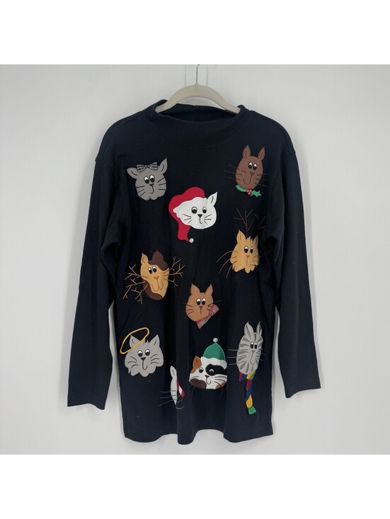 Bechamel Tops - Vintage Christmas shirt womens small S black cats holiday vintage 90s grandma